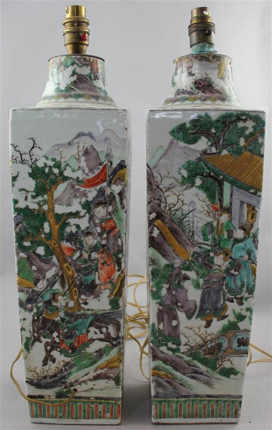 A pair of large Chinese famille verte square tapering vases, late 19th century, excl. fitted, later converted to lamps(-)